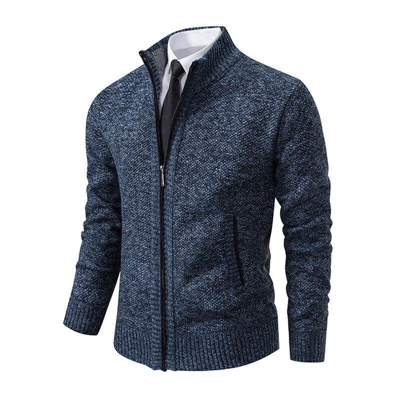 Men's Textured Knit Zip Cardigan with Side Pockets - Dark Blue