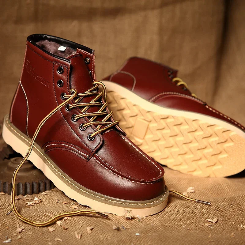 Men's Fur-Lined Leather Lace-Up Winter Snow Boots - Dark Brown
