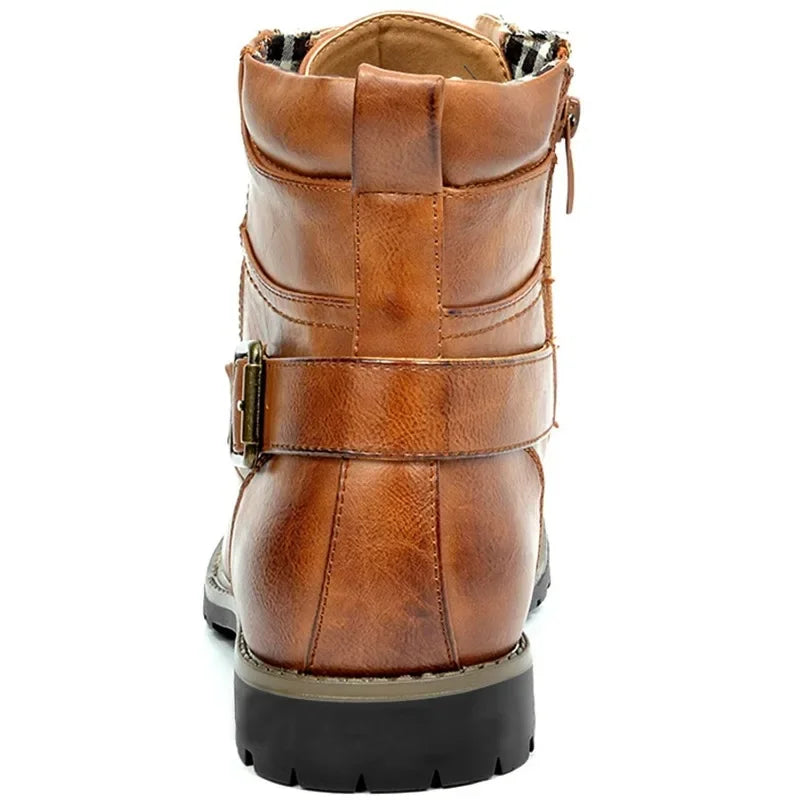 Men's Faux Leather Buckle Lace-Up Boots
