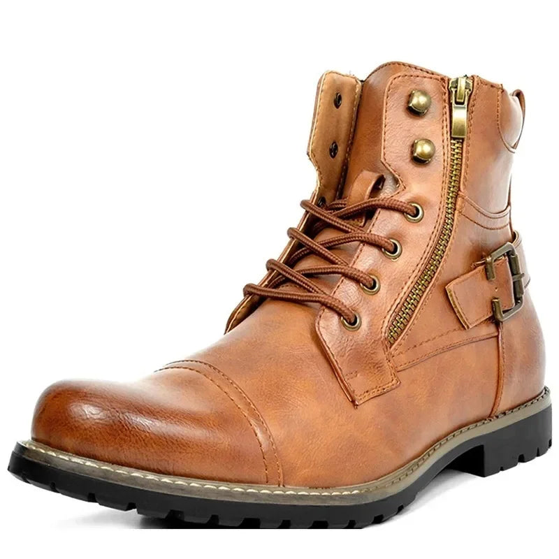 Men's Faux Leather Buckle Lace-Up Boots