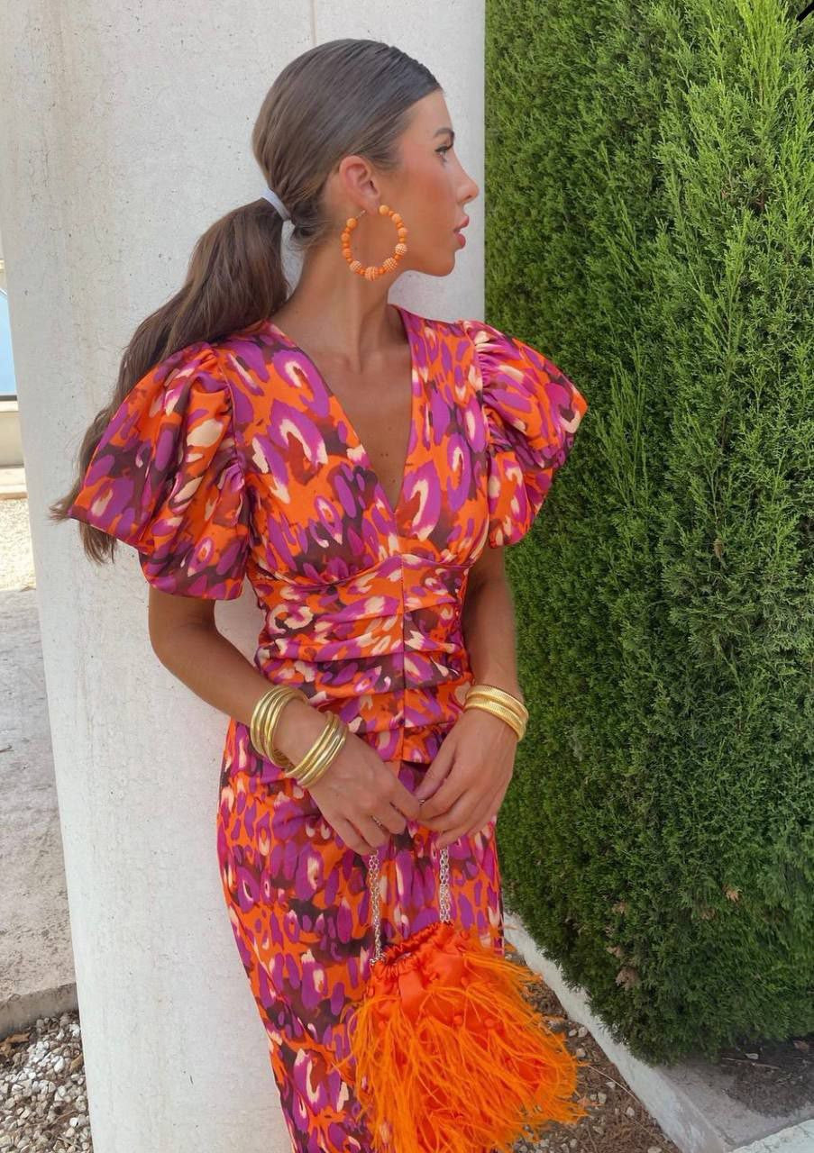 Women's Printed Puff Sleeve Midi Dress