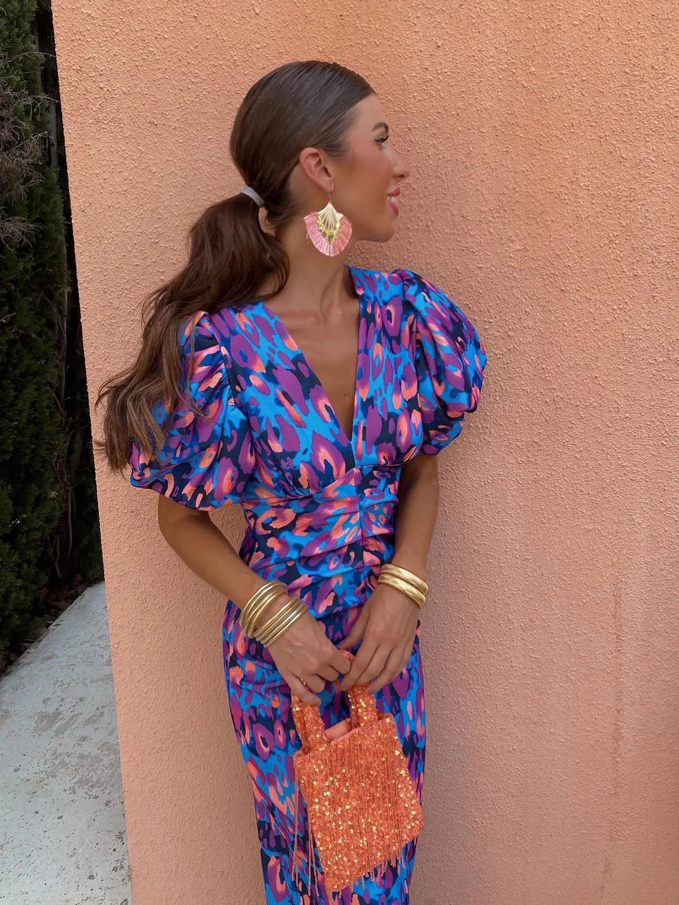 Women's Printed Puff Sleeve Midi Dress