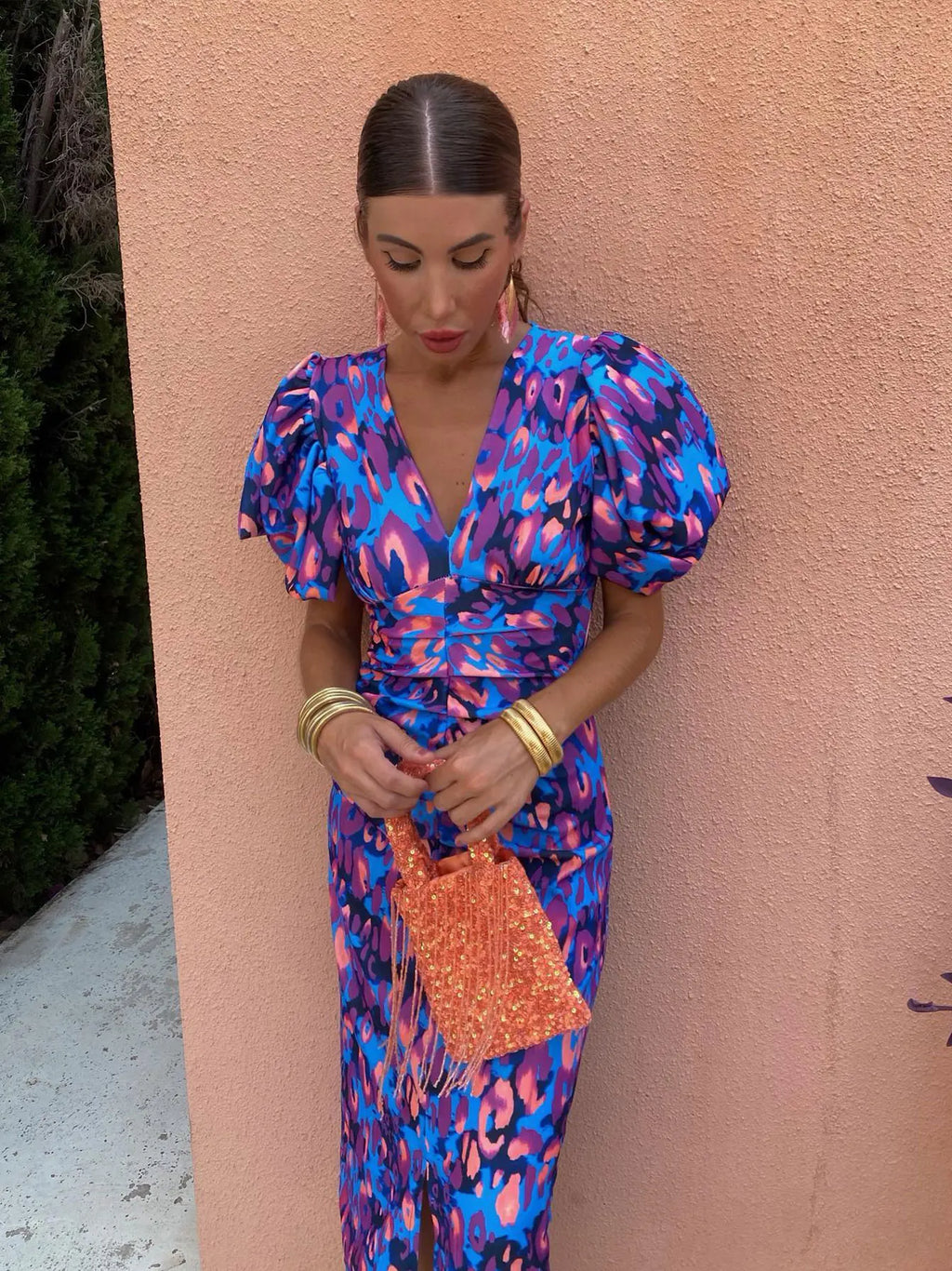 Women's Printed Puff Sleeve Midi Dress