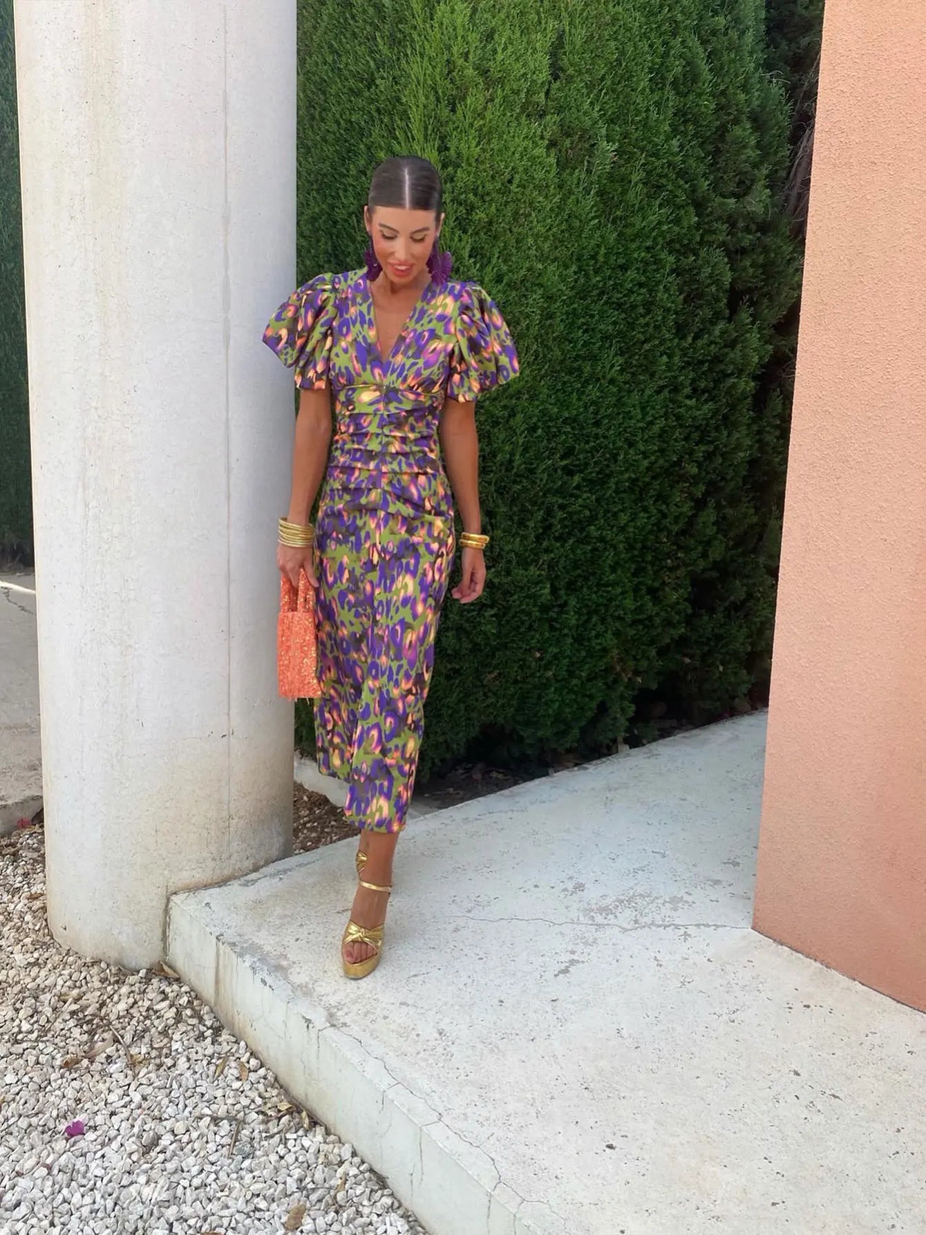 Women's Printed Puff Sleeve Midi Dress