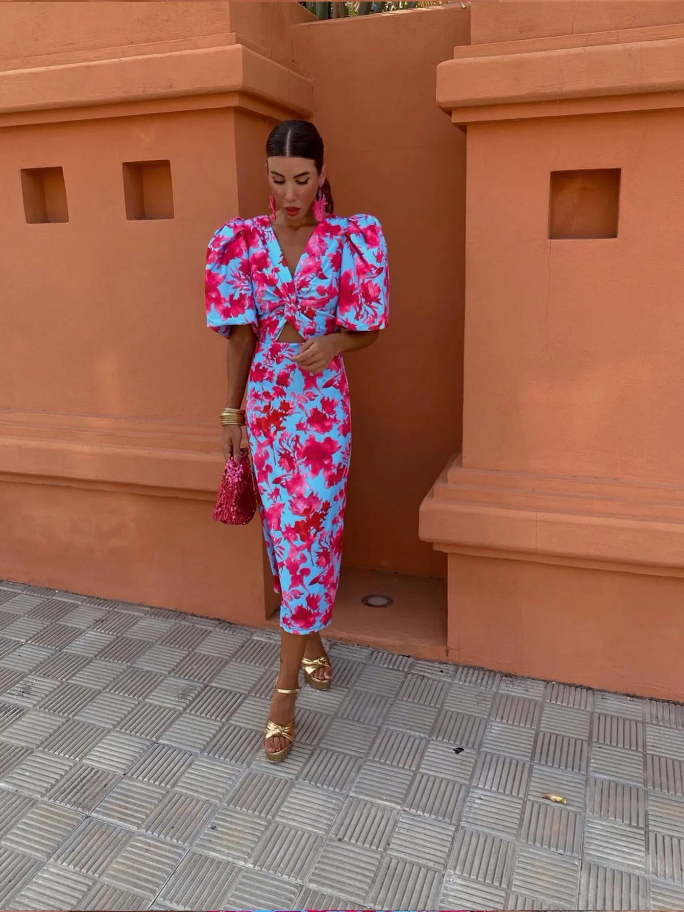 Women's Printed Puff Sleeve Midi Dress