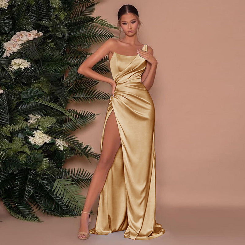 Women's Ruched Satin Evening Gown Asymmetric Maxi Dress for Formal Events