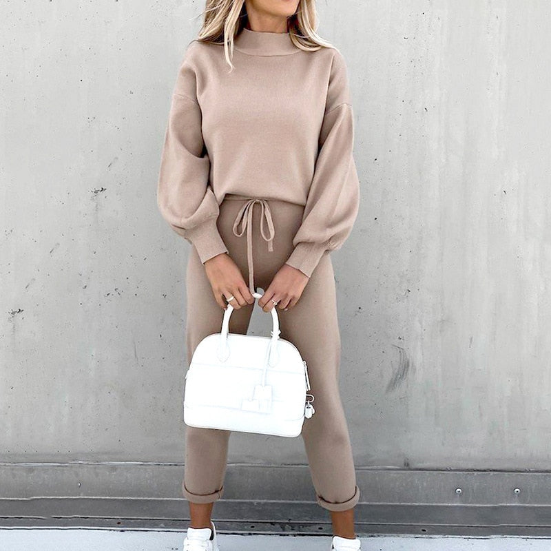 Women's Cozy Knit Sweater and Trousers Two Piece Set