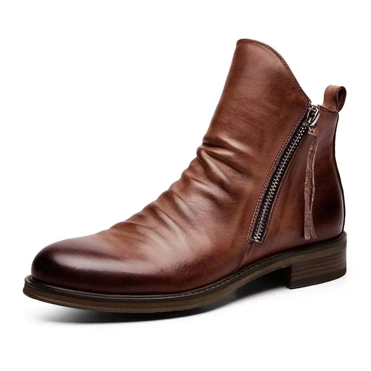 Men's Leather Chelsea Boots with Side Zip - Brown