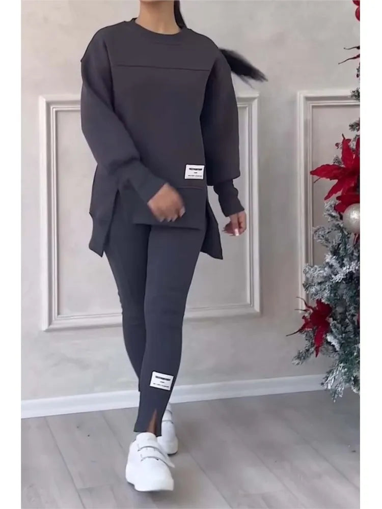 Women's Oversized Sweatshirt and Slim Pants Two Piece Set - Dark Gray