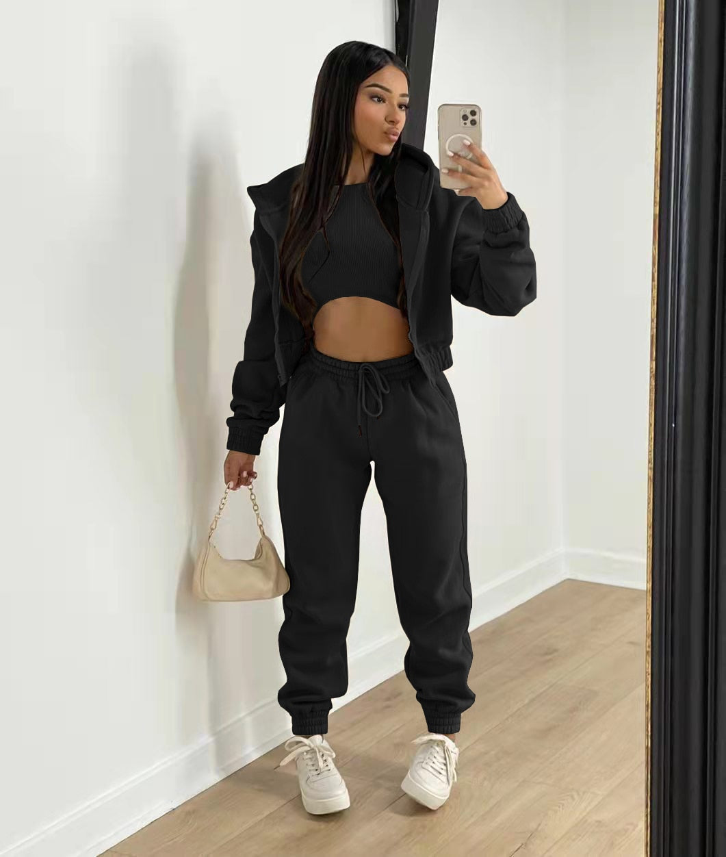 Women's Three-Piece Hooded Tracksuit Set - Black