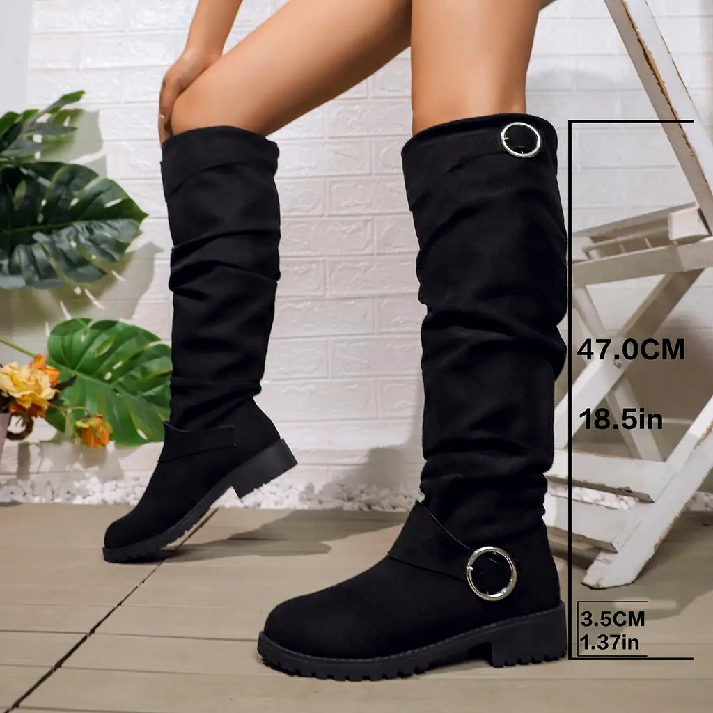 Women's Slouchy Knee-High Boots with Buckle Detail - Black