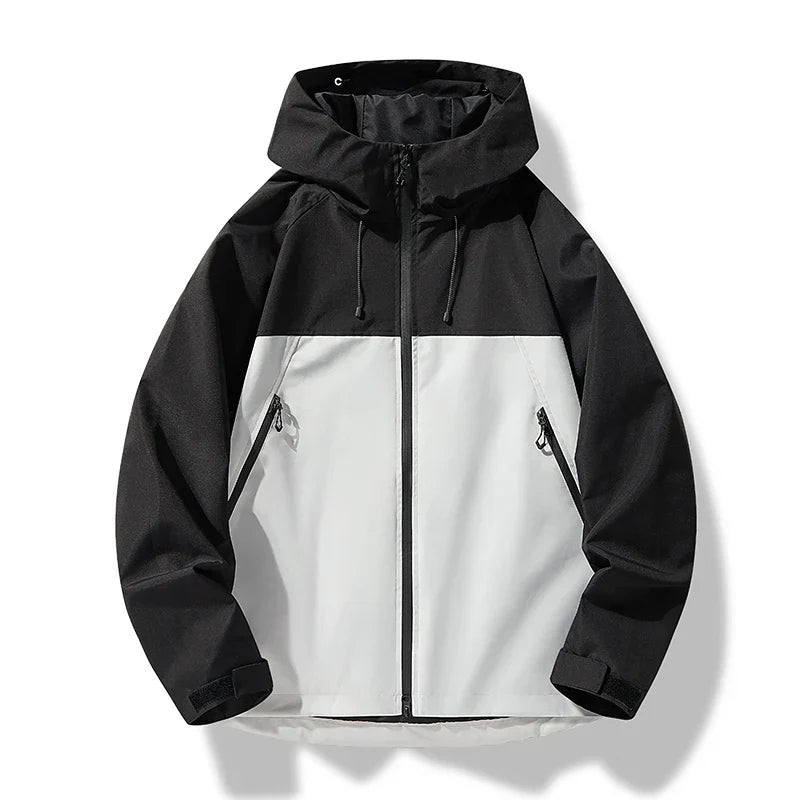 Men's Hooded Waterproof Rain Jacket - Black White