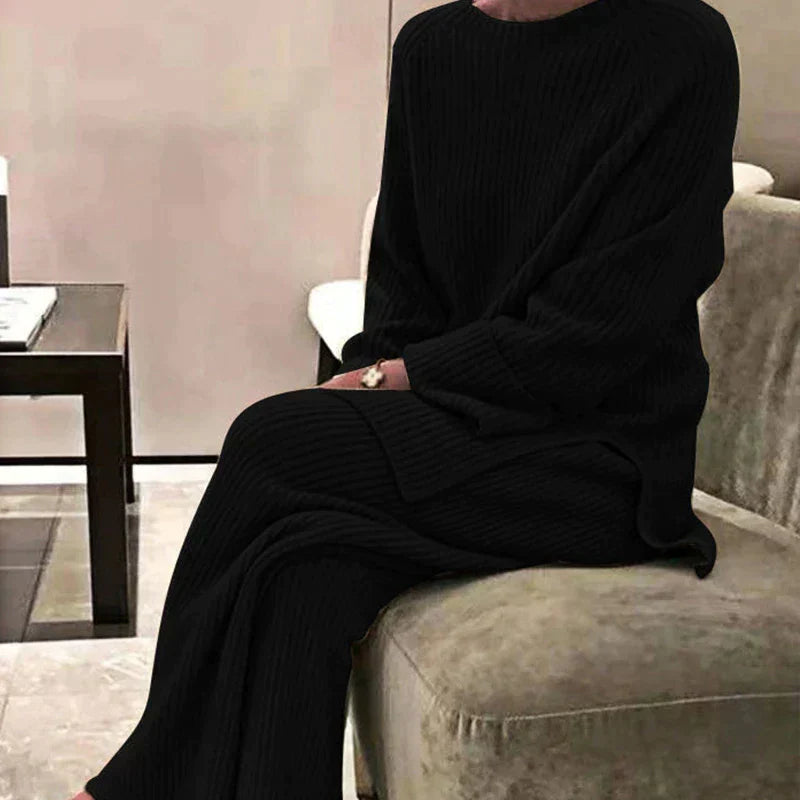Women's Ribbed Sweater and Wide-Leg Trouser Set - Black