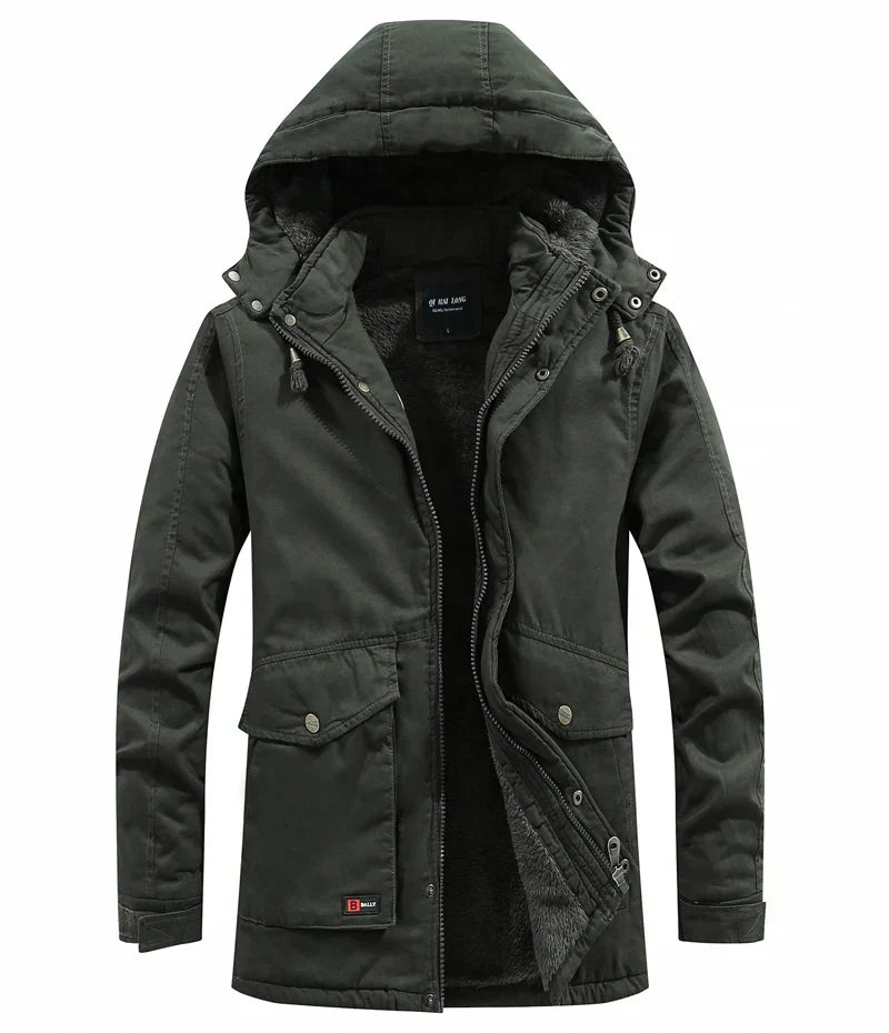 Men's Windproof Fleece-Lined Hooded Winter Parka - Army Green A