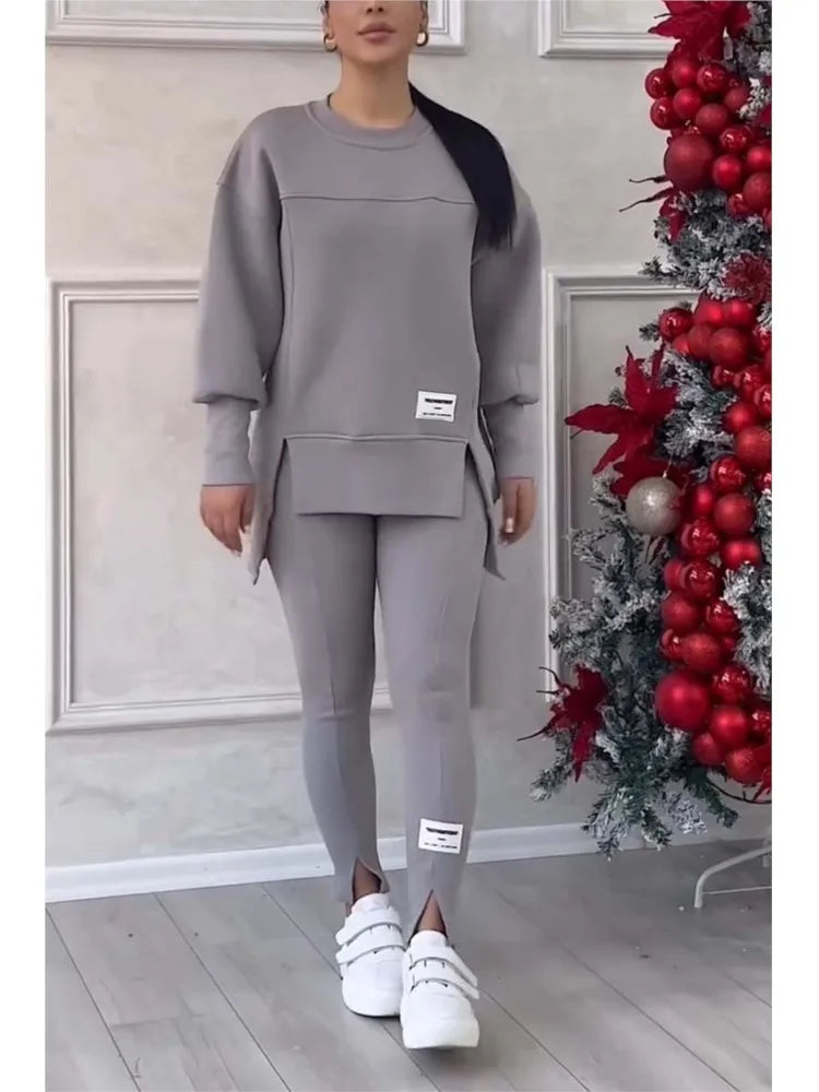Women's Oversized Sweatshirt and Slim Pants Two Piece Set - Gray