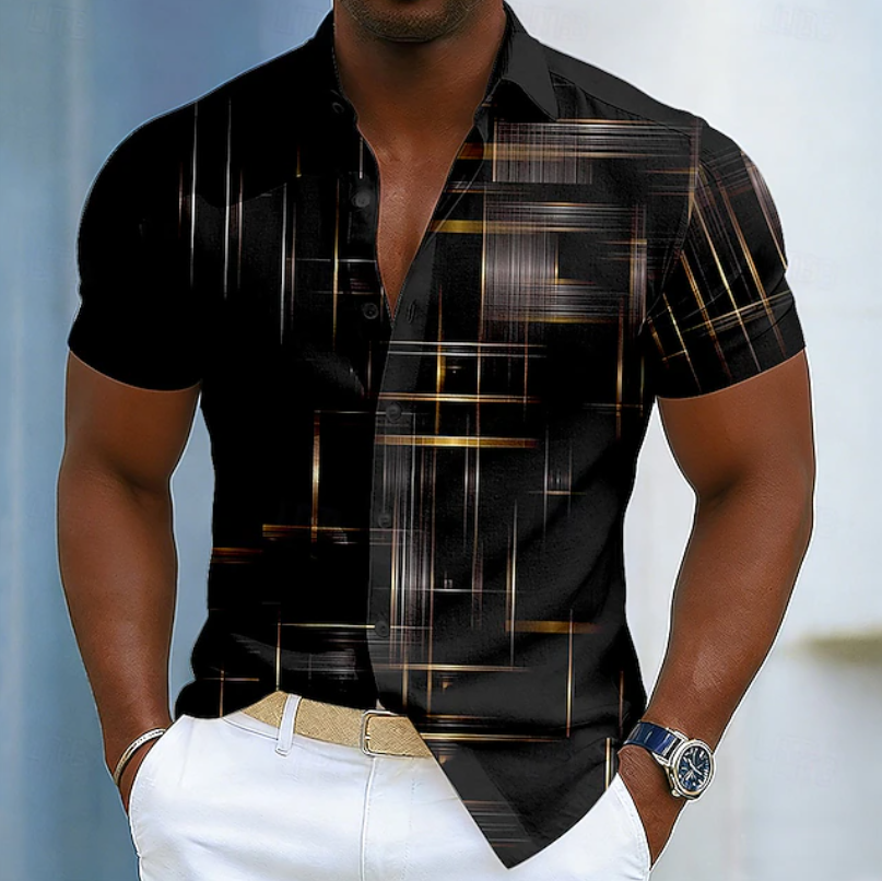 Men's Short Sleeve Geometric Print Button-Up Shirt - Black