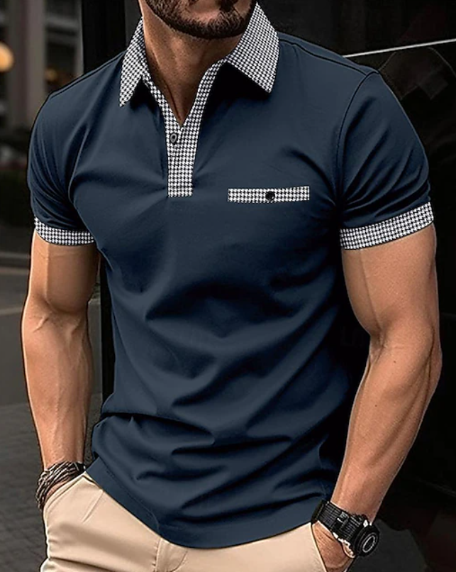 Men's Classic Polo Shirt with Checkered Collar - Navy Blue