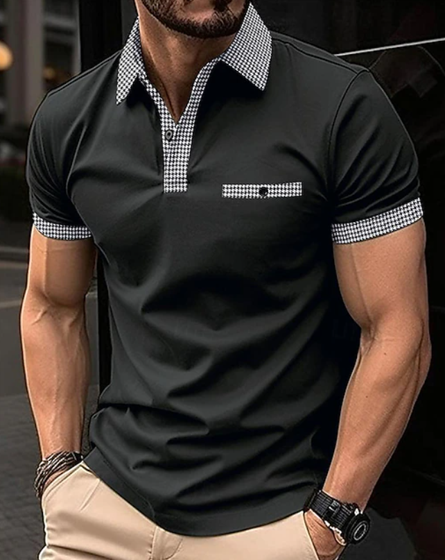 Men's Classic Polo Shirt with Checkered Collar - Black