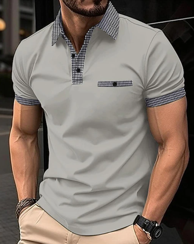 Men's Classic Polo Shirt with Checkered Collar - Gray