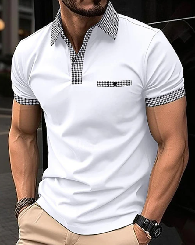 Men's Classic Polo Shirt with Checkered Collar - White