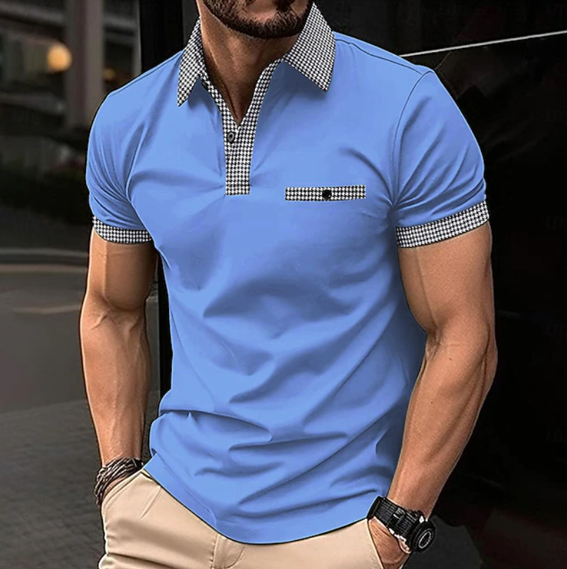 Men's Classic Polo Shirt with Checkered Collar - Blue