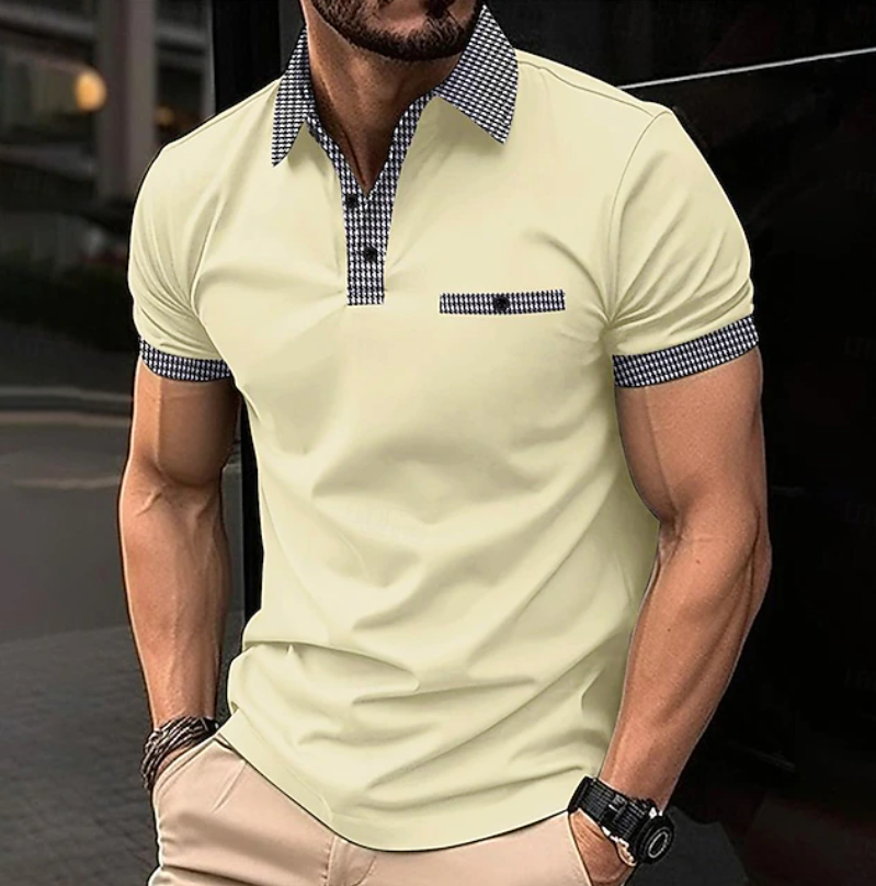 Men's Classic Polo Shirt with Checkered Collar - Light Yellow