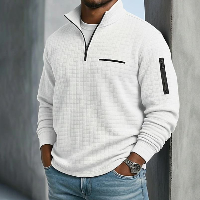 Men's Casual Long Sleeve Waffle Knit Sweater - White