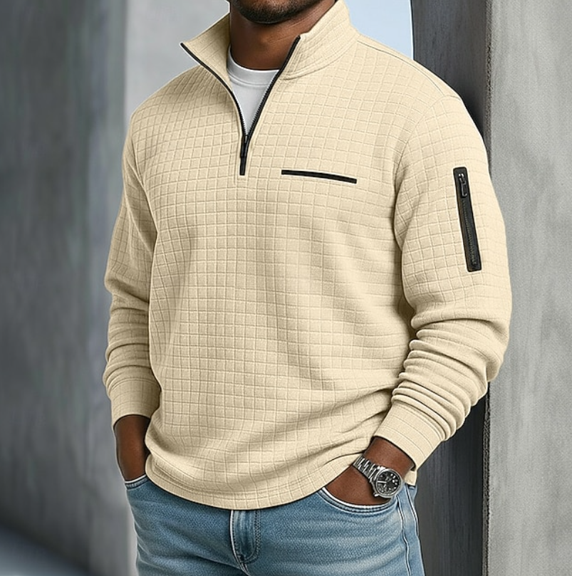 Men's Casual Long Sleeve Waffle Knit Sweater - Beige
