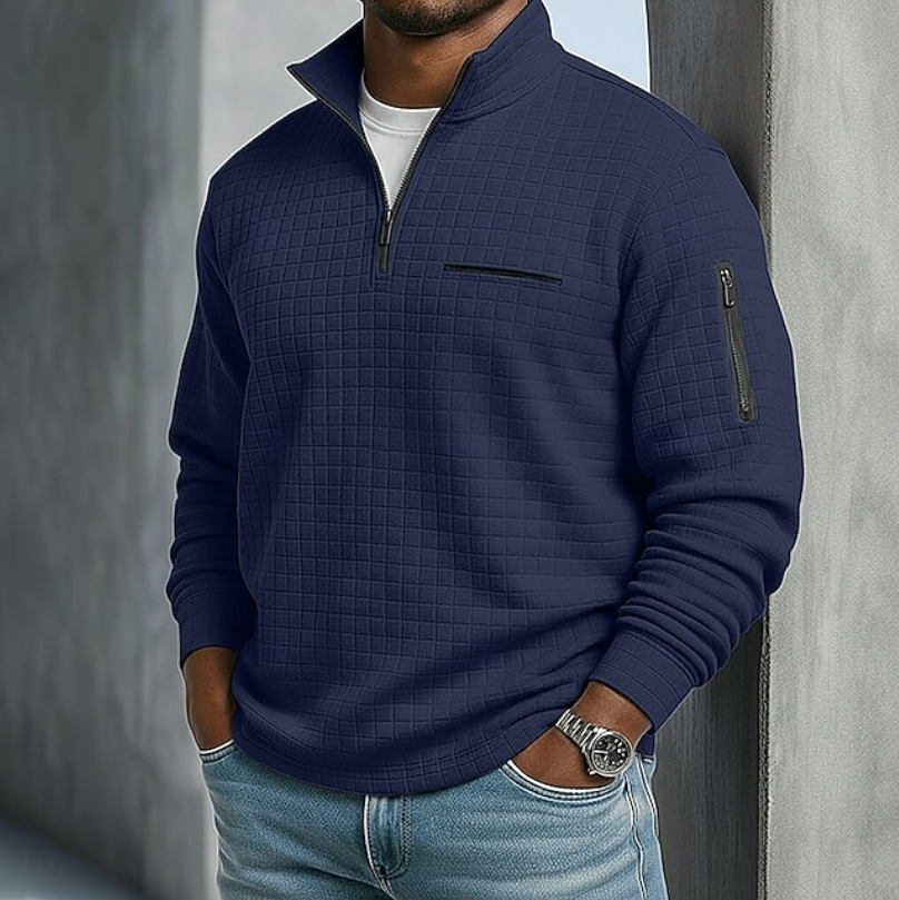 Men's Casual Long Sleeve Waffle Knit Sweater - Navy Blue
