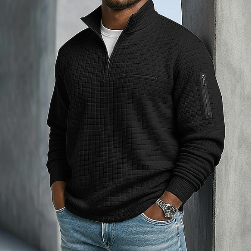Men's Casual Long Sleeve Waffle Knit Sweater - Black