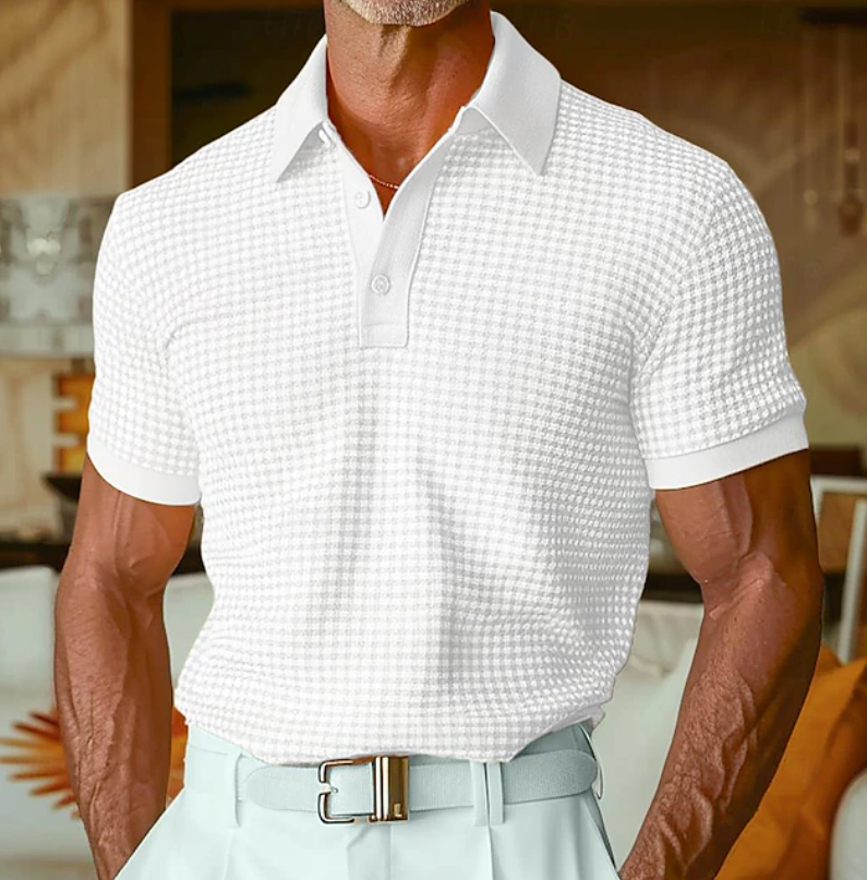 Men's Casual Waffle Texture Collared Shirt - White