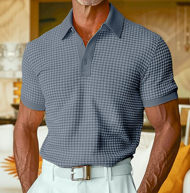 Men's Casual Waffle Texture Collared Shirt - Navy Blue