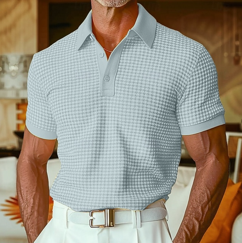 Men's Casual Waffle Texture Collared Shirt - Light Blue