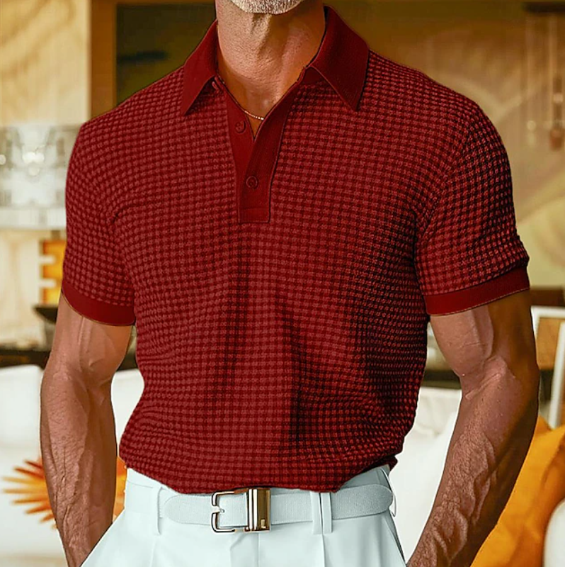Men's Casual Waffle Texture Collared Shirt - Red