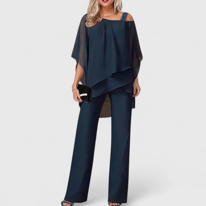 Women's Elegant Two-Piece Pant Set - Dark Blue