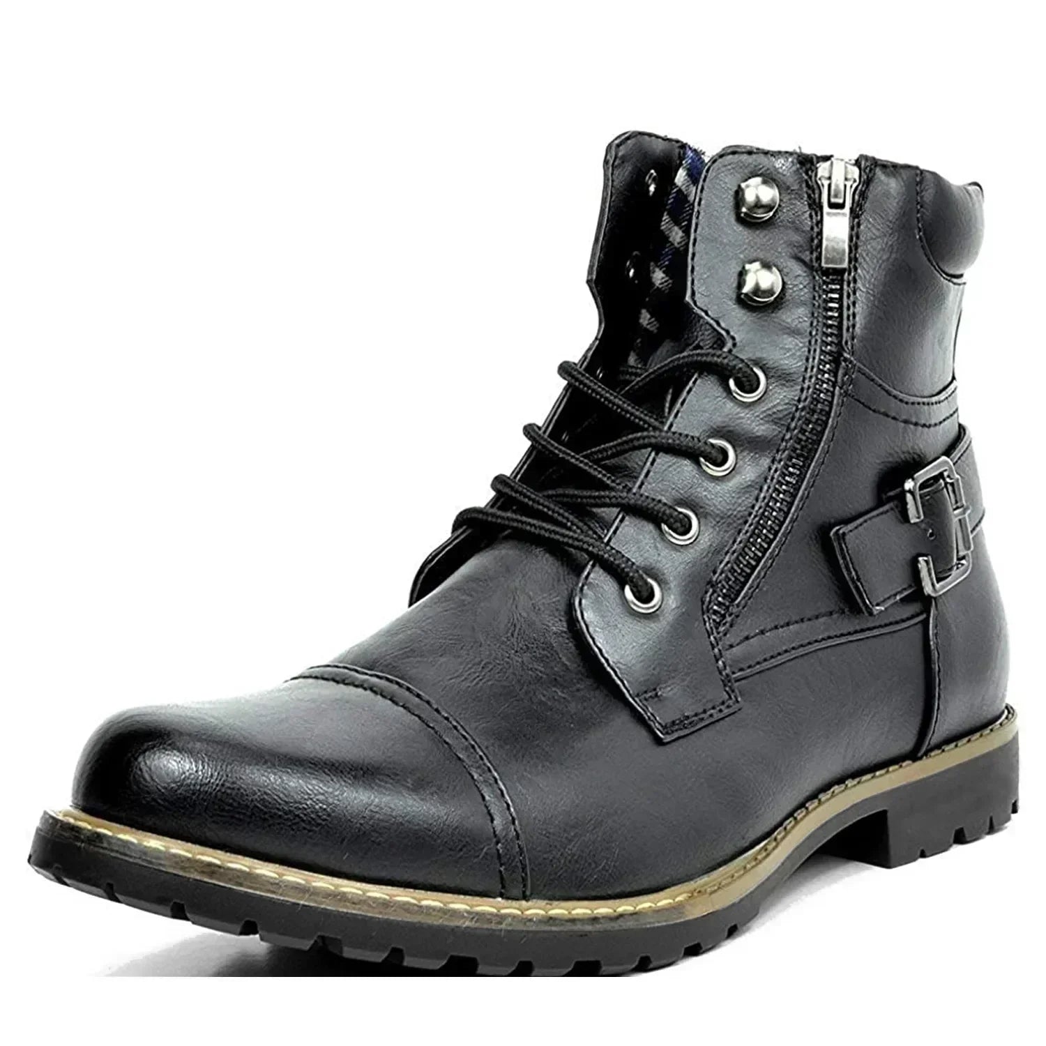 Men's Faux Leather Buckle Lace-Up Boots