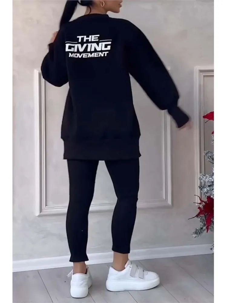 Women's Oversized Sweatshirt and Slim Pants Two Piece Set - Black