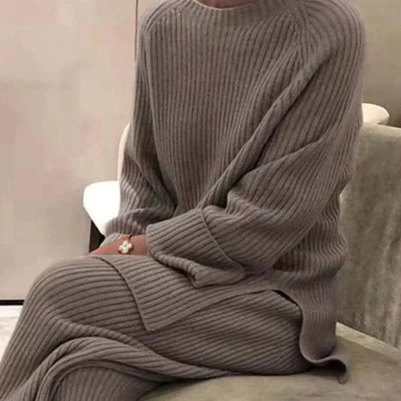 Women's Ribbed Sweater and Wide-Leg Trouser Set - Taupe