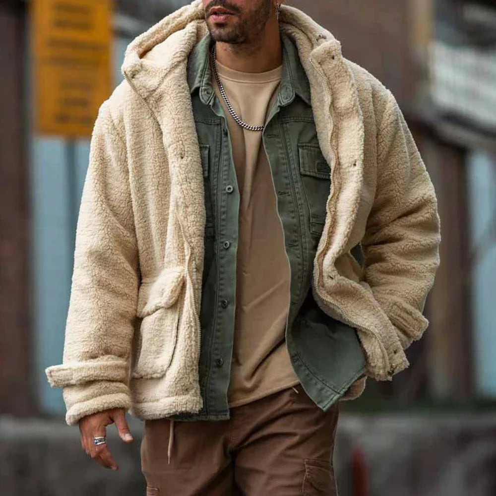 Men's Teddy Fleece Hooded Jacket - Cream
