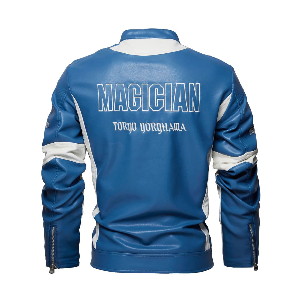Men's Embroidered Racing-Style Leather Biker Jacket