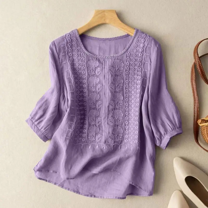 Women's Embroidered Round-Neck Blouse - Light Purple
