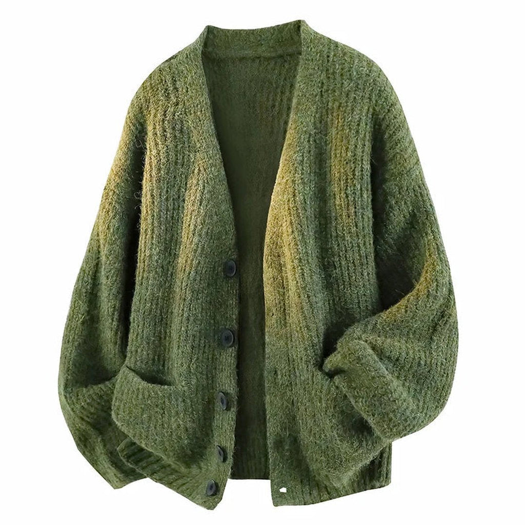 Women's Relaxed V-Neck Button Cardigan with Front Pockets - Green