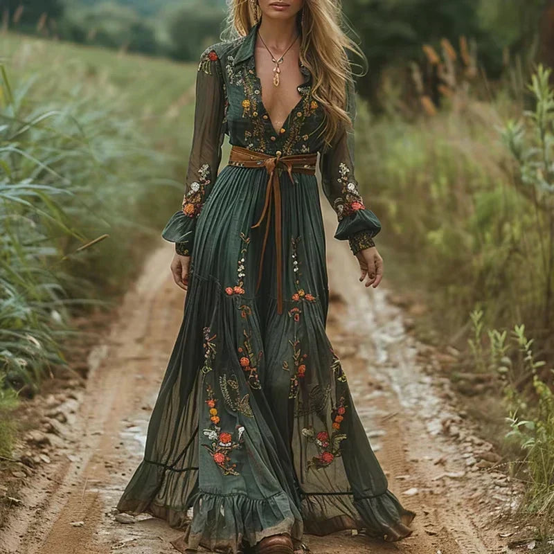 Women's Floral Boho Long Sleeve Maxi Dress