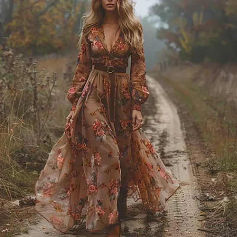 Women's Floral Boho Long Sleeve Maxi Dress