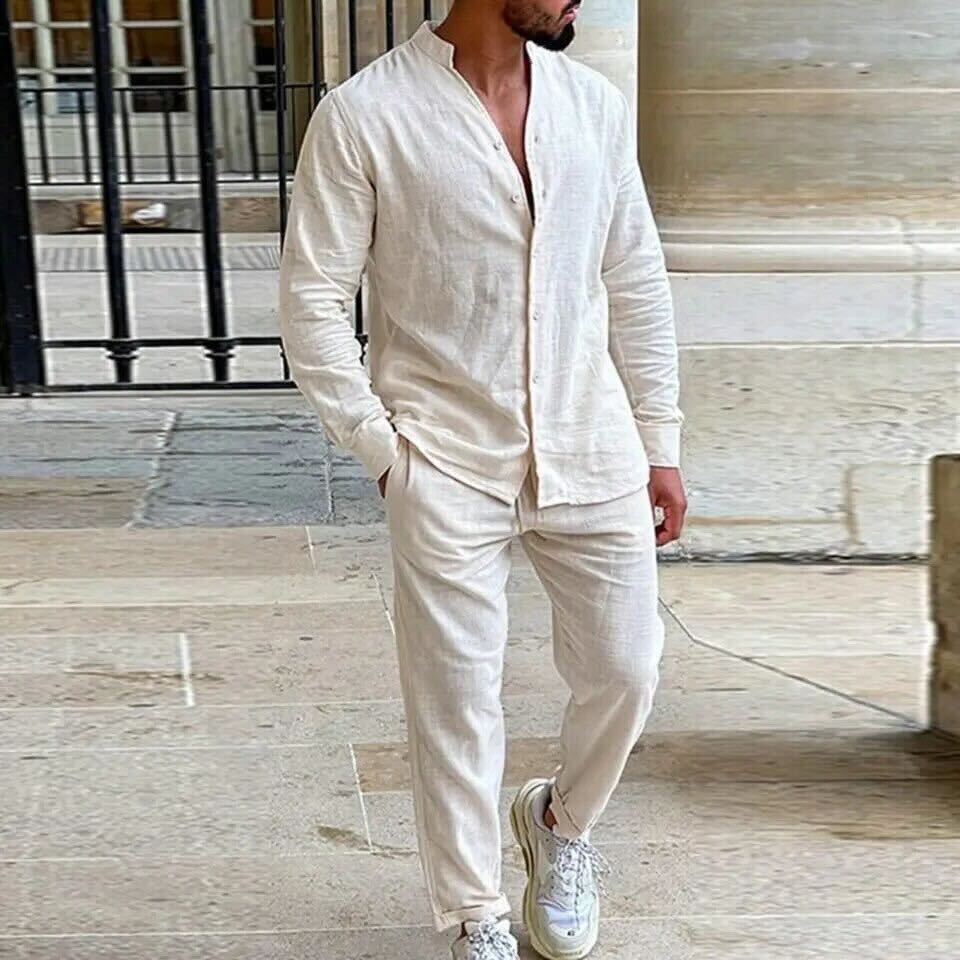 Men's Linen Grandad Collar Shirt and Trousers Set - White