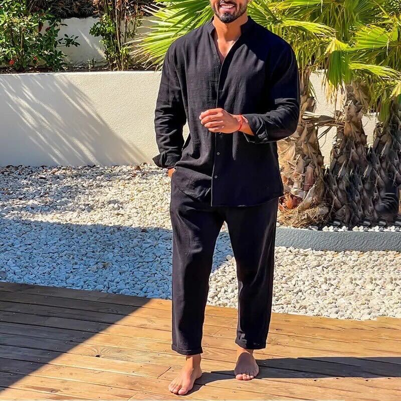 Men's Linen Grandad Collar Shirt and Trousers Set - Black