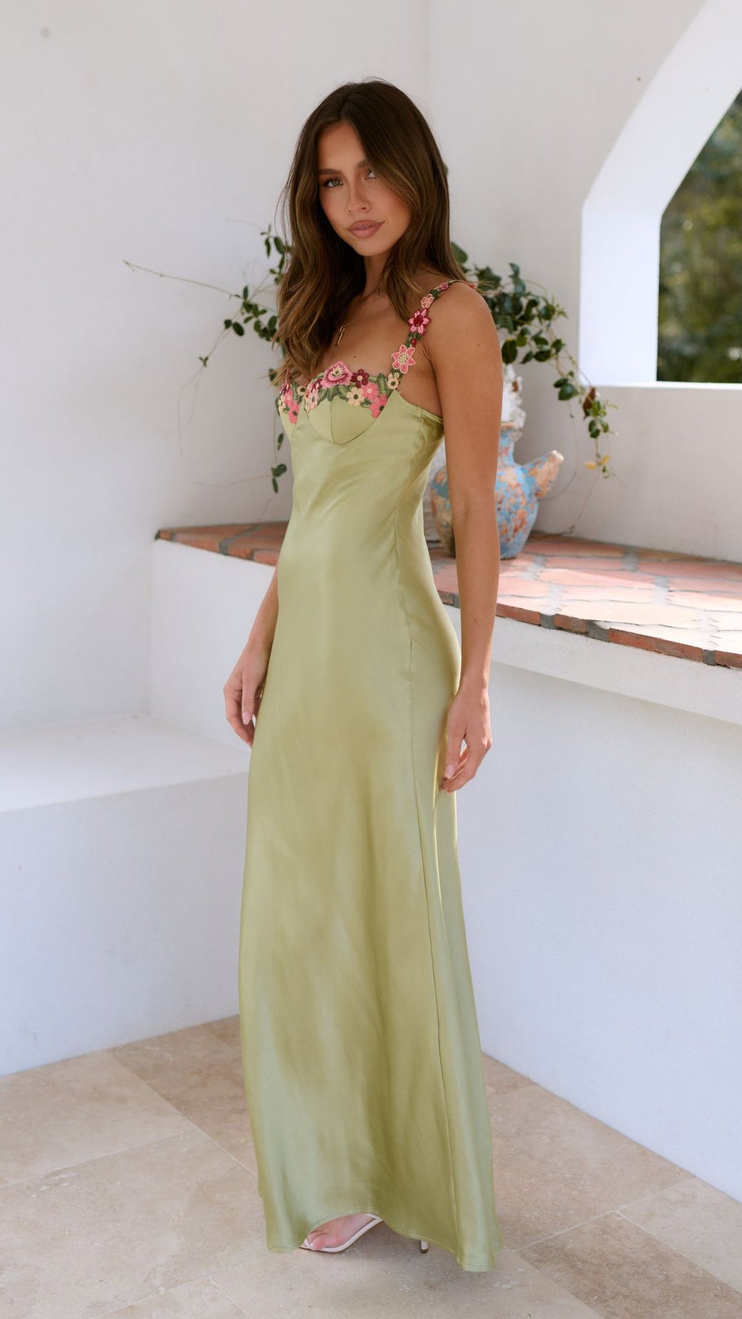 Women's Satin Embroidered Maxi Dress