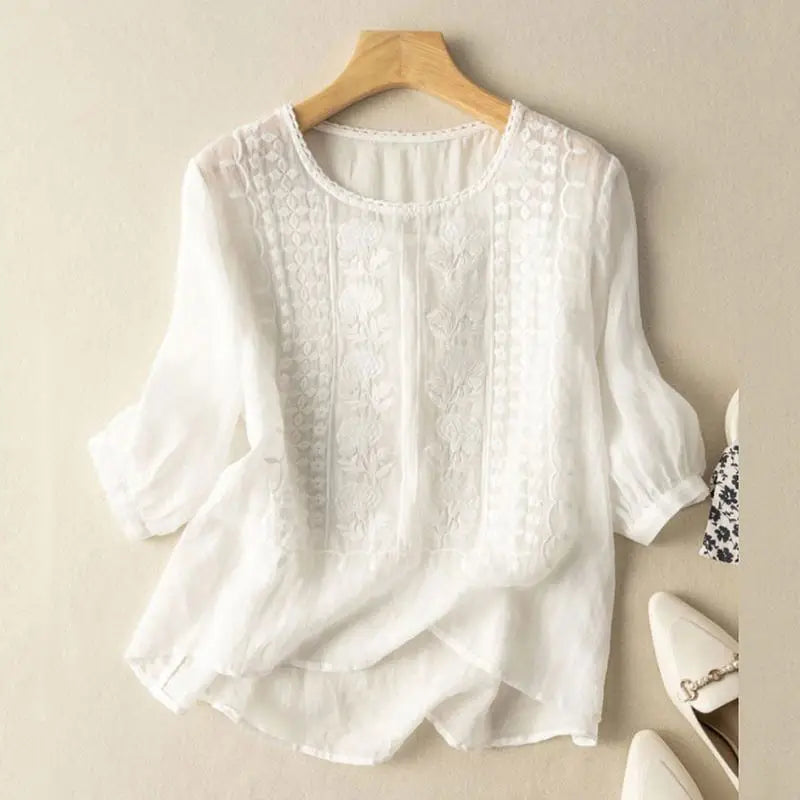 Women's Embroidered Round-Neck Blouse Relaxed Summer Top for Everyday Wear