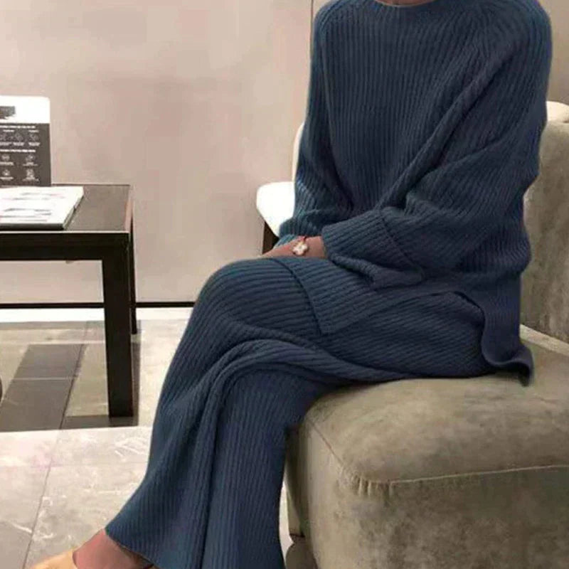 Women's Ribbed Sweater and Wide-Leg Trouser Set - Navy Blue
