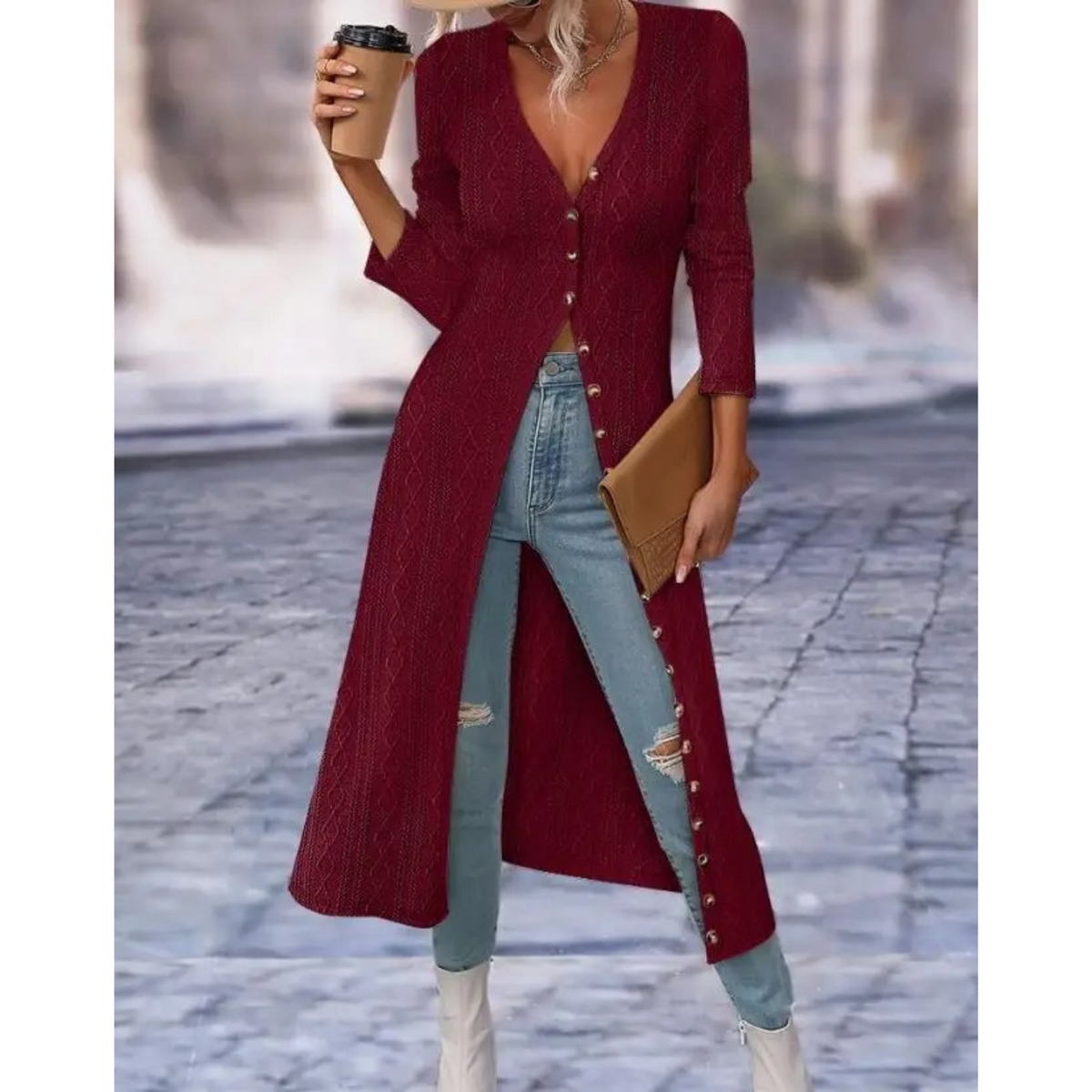 Women's Longline V-Neck Button-Front Jacket - Red